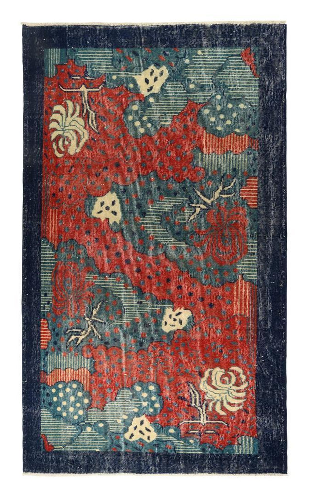 Vintage Zeki Muren Art Deco Rug In Red And Blue Pattern