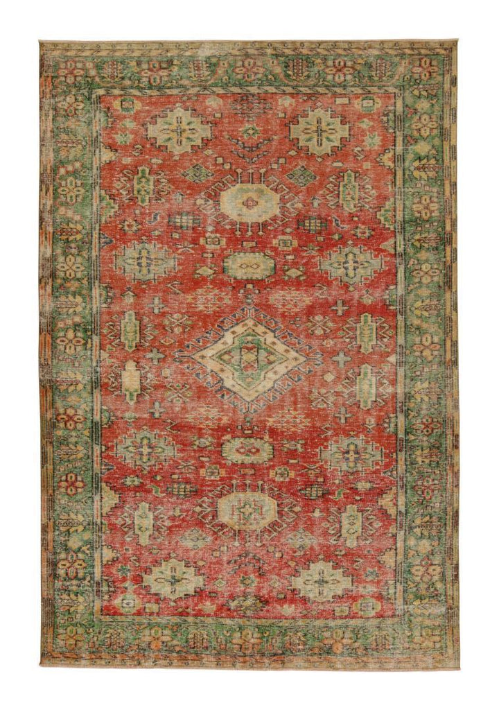 Vintage Distressed Rug In Red With Green And Beige Medallions