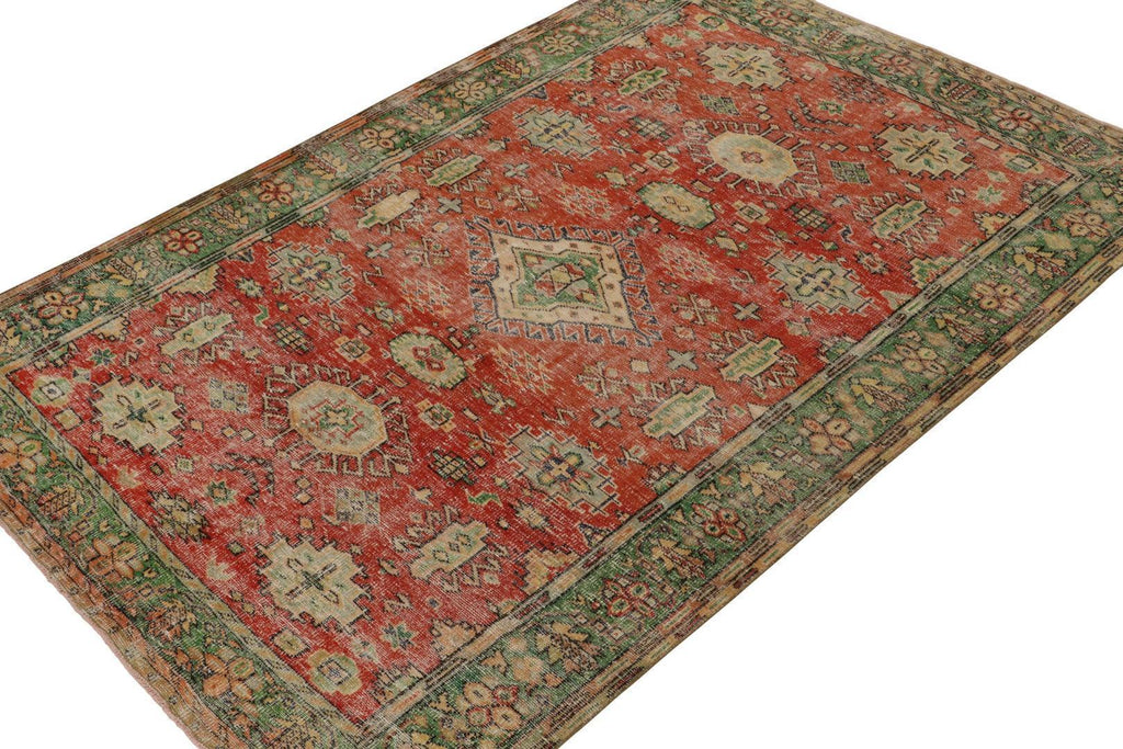 Vintage Distressed Rug In Red With Green And Beige Medallions