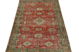 Vintage Distressed Rug In Red With Green And Beige Medallions