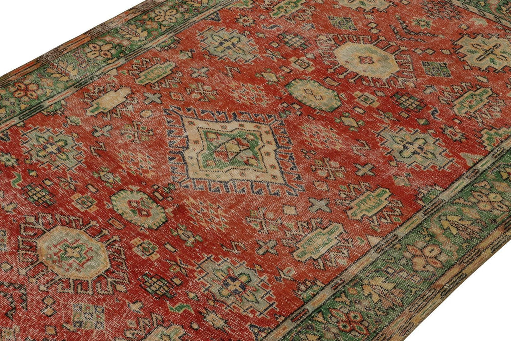 Vintage Distressed Rug In Red With Green And Beige Medallions