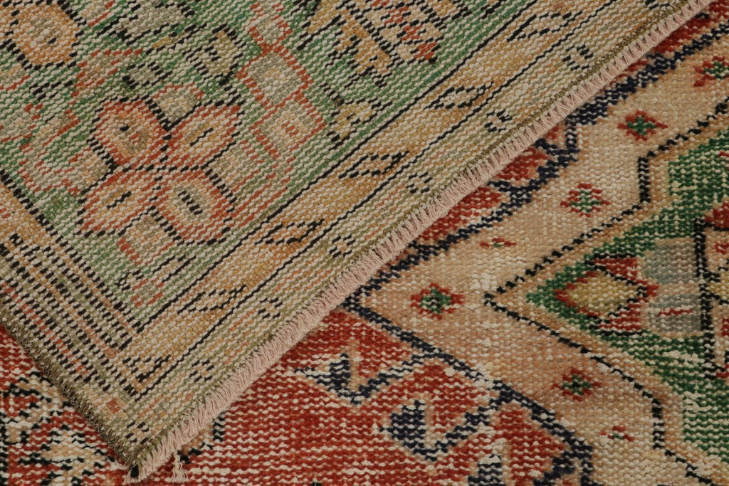 Vintage Distressed Rug In Red With Green And Beige Medallions