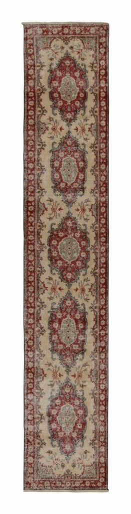 Vintage Distressed Runner In Beige With Red & Green Medallions