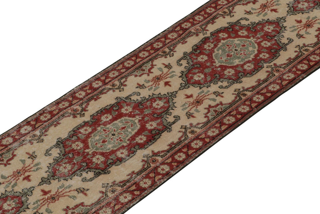 Vintage Distressed Runner In Beige With Red & Green Medallions