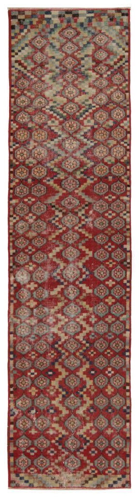 Vintage Zeki Muren Runner In Red With Blue Geometric Pattern