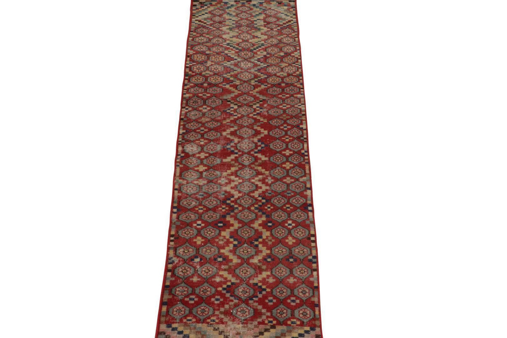 Vintage Zeki Muren Runner In Red With Blue Geometric Pattern