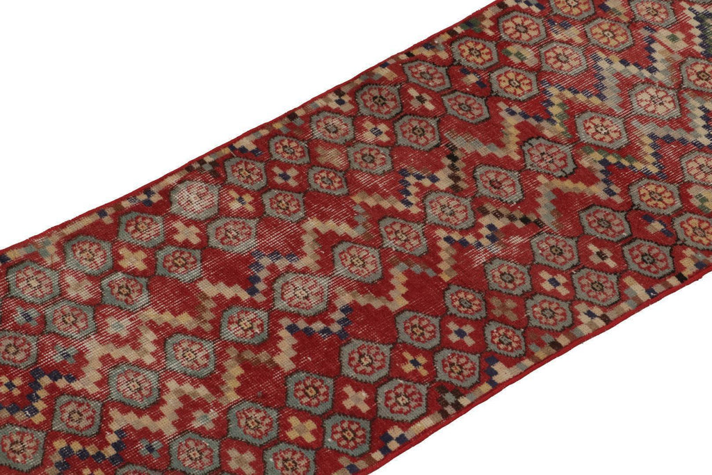 Vintage Zeki Muren Runner In Red With Blue Geometric Pattern