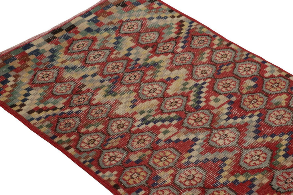 Vintage Zeki Muren Runner In Red With Blue Geometric Pattern