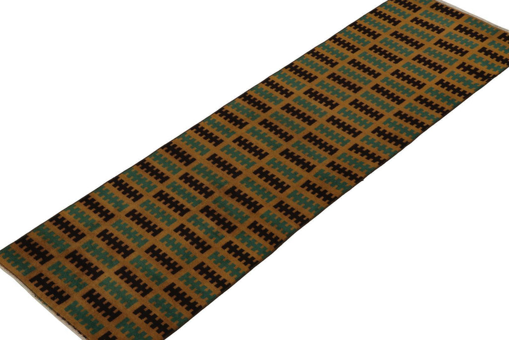 Vintage Zeki Muren Runner In Ochre Teal & Black Geometric Pattern Rug & Kilim