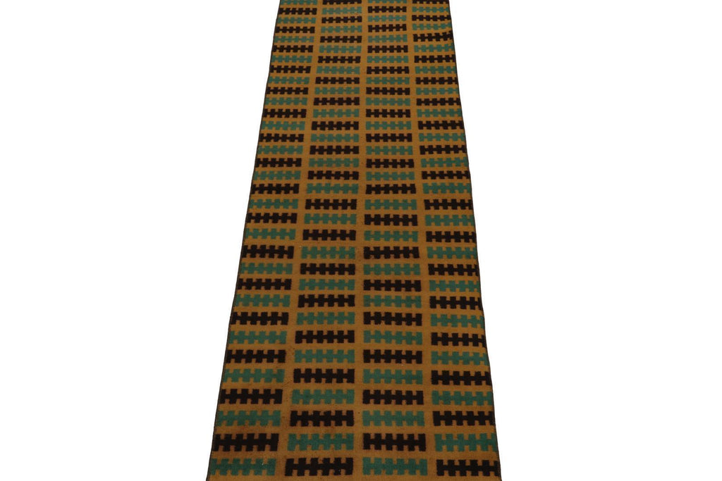 Vintage Zeki Muren Runner In Ochre Teal & Black Geometric Pattern Rug & Kilim