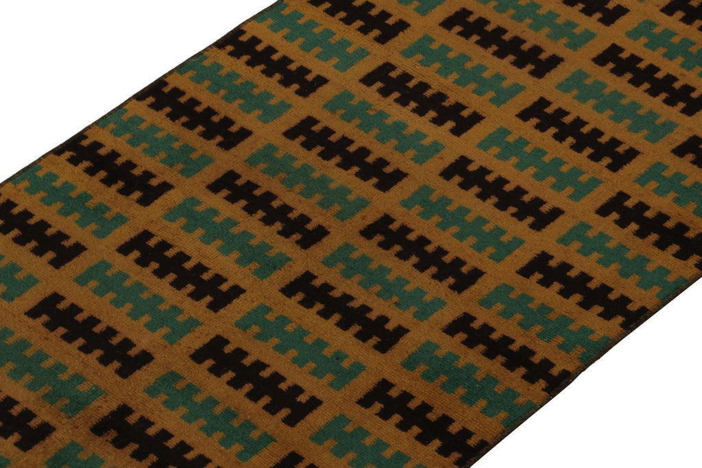 Vintage Zeki Muren Runner In Ochre Teal & Black Geometric Pattern Rug & Kilim