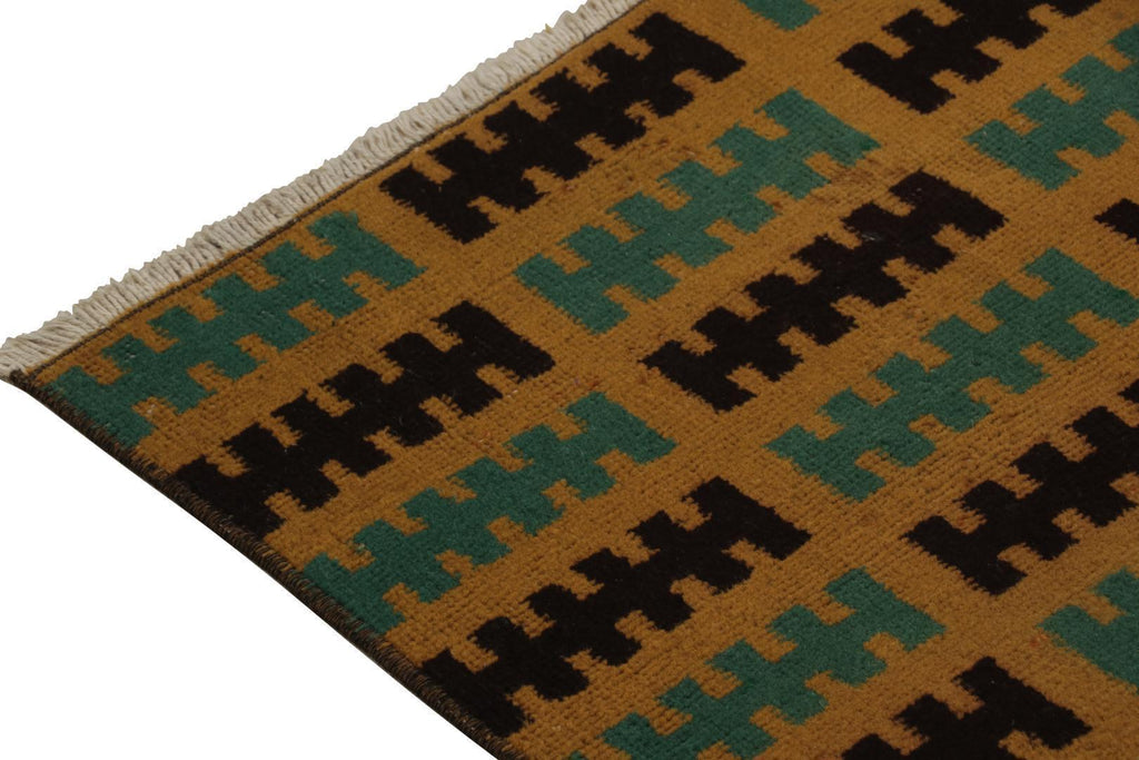 Vintage Zeki Muren Runner In Ochre Teal & Black Geometric Pattern Rug & Kilim