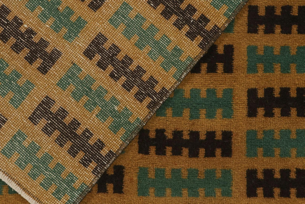 Vintage Zeki Muren Runner In Ochre Teal & Black Geometric Pattern Rug & Kilim