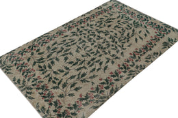 Vintage Zeki Muren Rug In Taupe And Forest Green Floral Patterns