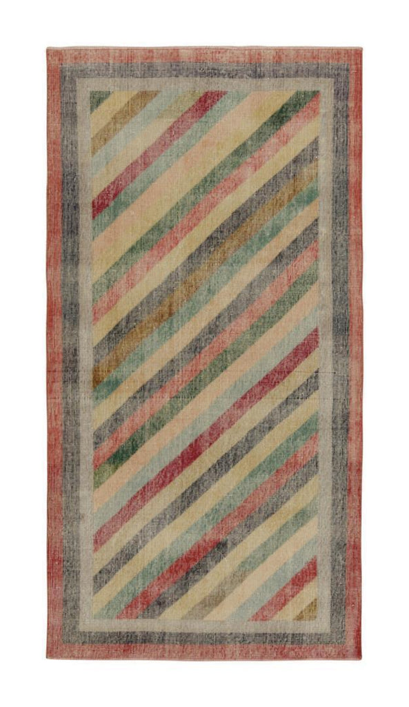 Vintage Distressed Zeki Muren Rug In Polychromatic Stripes 4X8