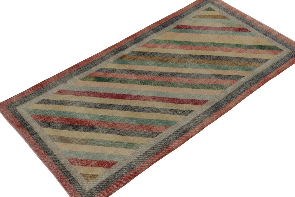 Vintage Distressed Zeki Muren Rug In Polychromatic Stripes 4X8