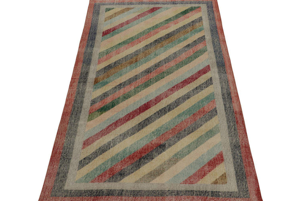 Vintage Distressed Zeki Muren Rug In Polychromatic Stripes 4X8