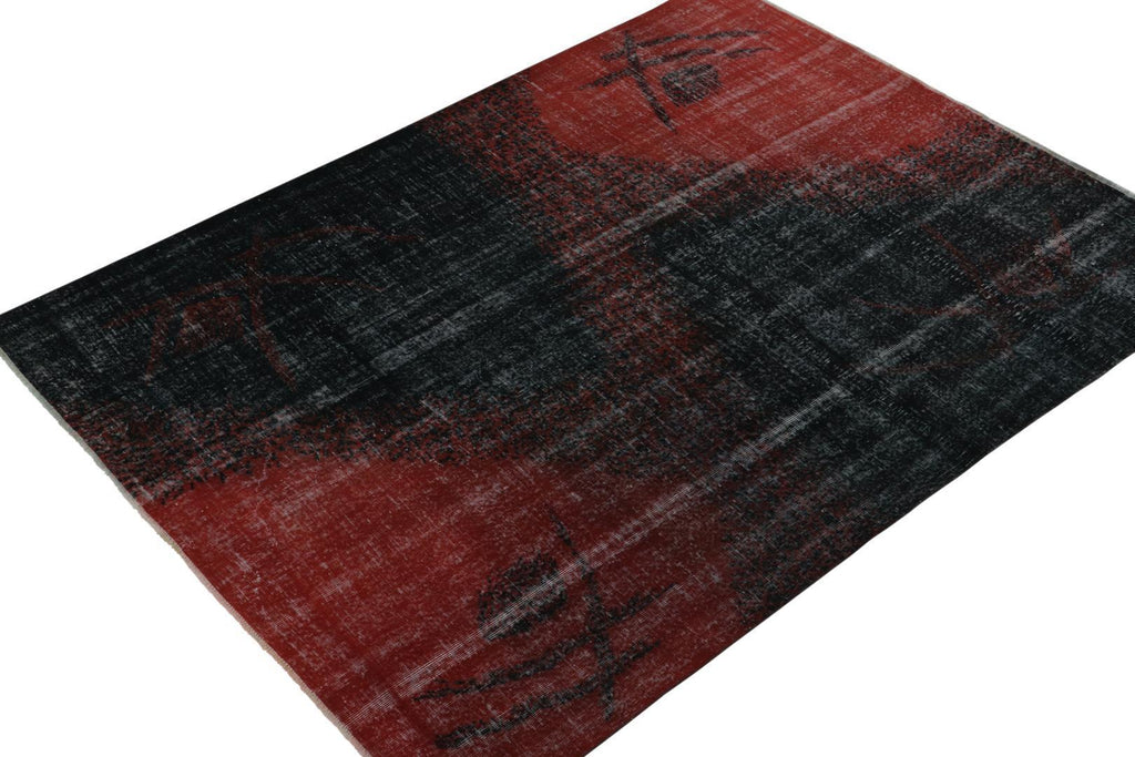 Vintage Distressed Zeki Muren Rug In Red And Black Deco Pattern