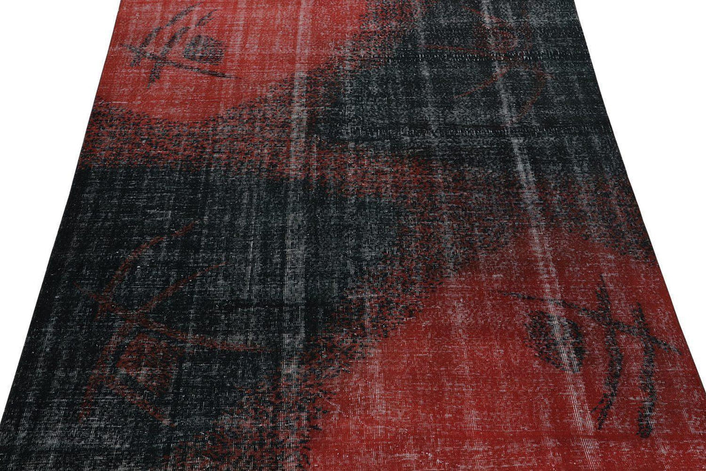 Vintage Distressed Zeki Muren Rug In Red And Black Deco Pattern