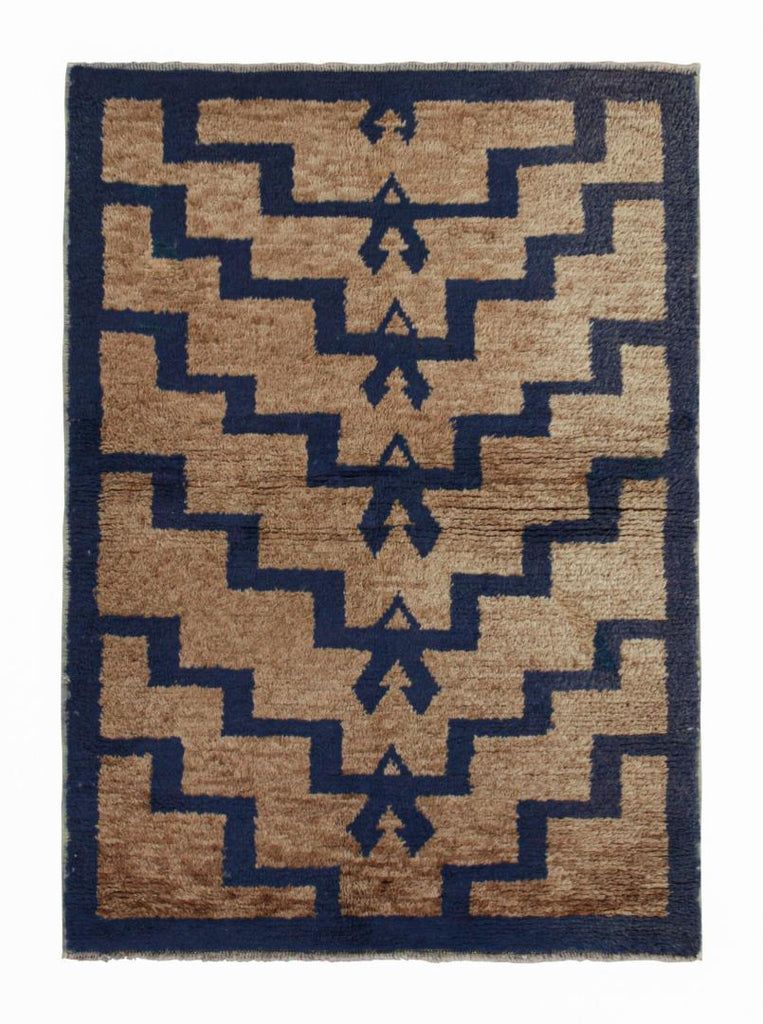 Vintage Tulu Shag Rug In Brown And Navy Blue Geometric Pattern