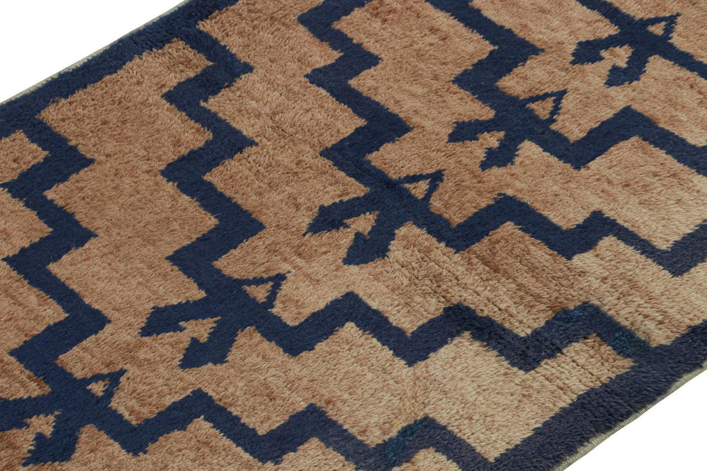 Vintage Tulu Shag Rug In Brown And Navy Blue Geometric Pattern