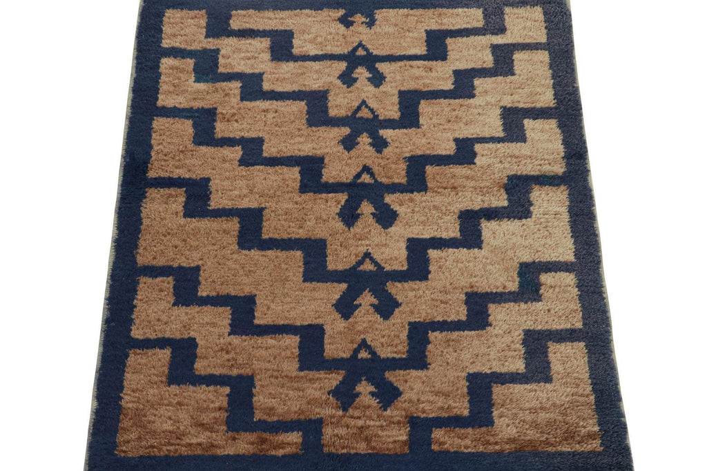 Vintage Tulu Shag Rug In Brown And Navy Blue Geometric Pattern