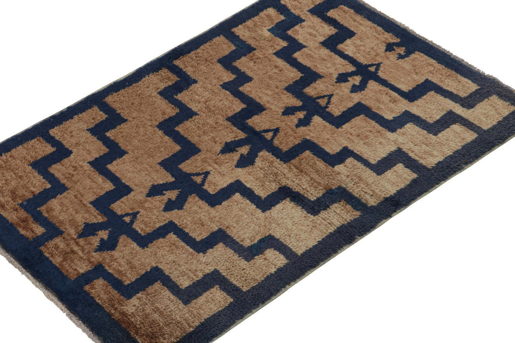 Vintage Tulu Shag Rug In Brown And Navy Blue Geometric Pattern