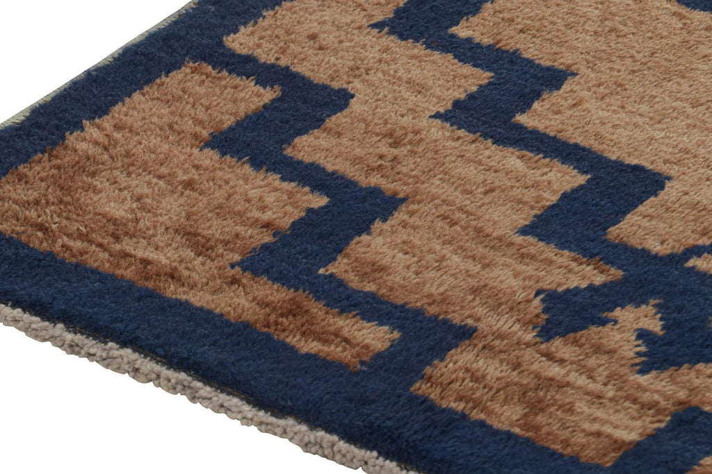 Vintage Tulu Shag Rug In Brown And Navy Blue Geometric Pattern