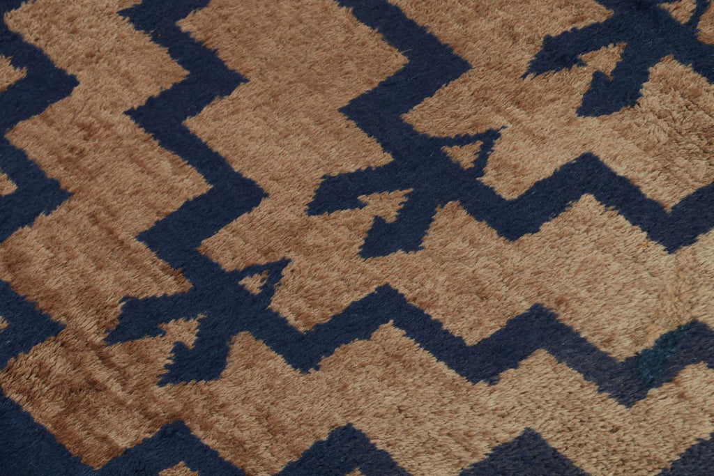 Vintage Tulu Shag Rug In Brown And Navy Blue Geometric Pattern