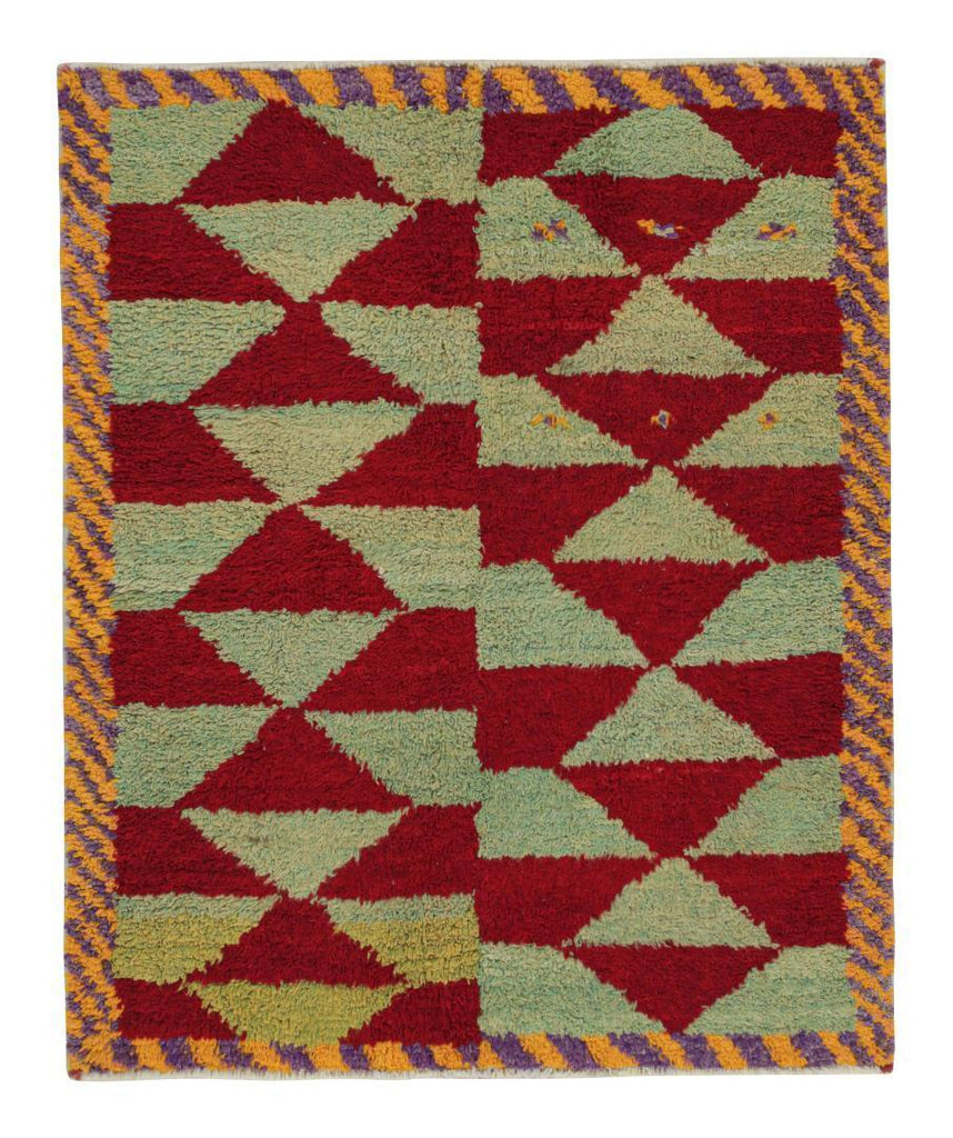 Vintage Tulu Shag Rug In Red And Light Green Geometric Pattern