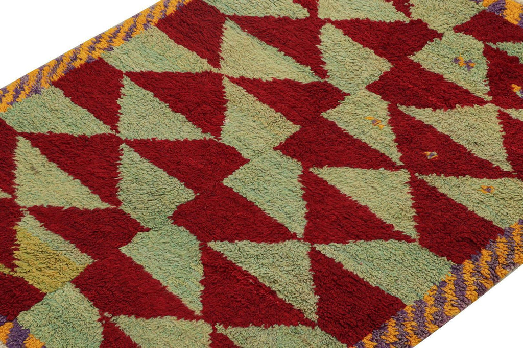 Vintage Tulu Shag Rug In Red And Light Green Geometric Pattern