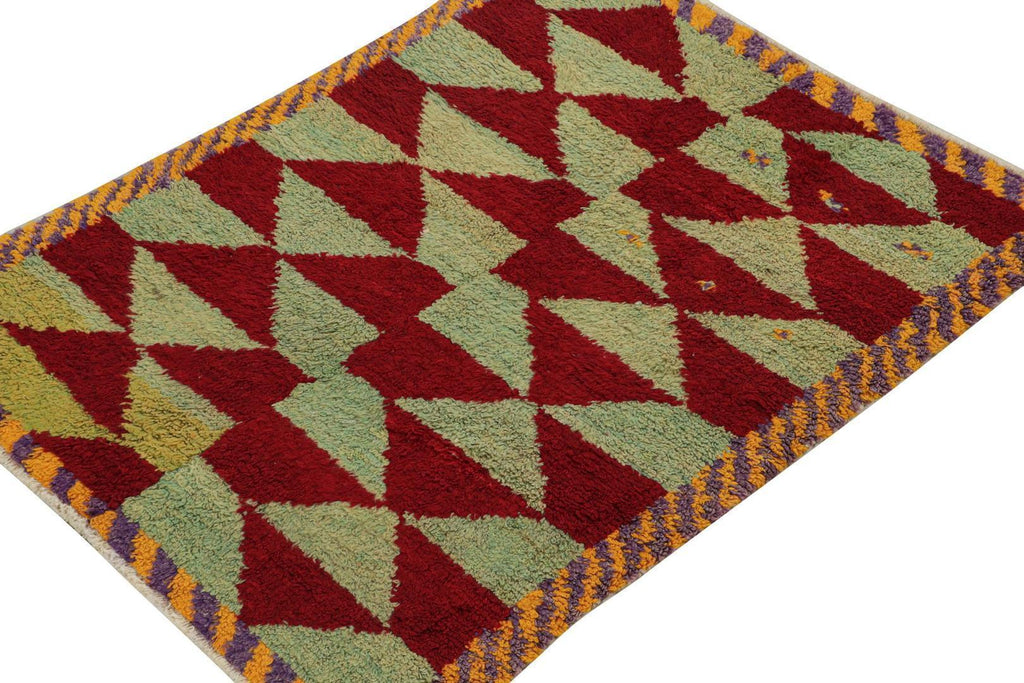 Vintage Tulu Shag Rug In Red And Light Green Geometric Pattern