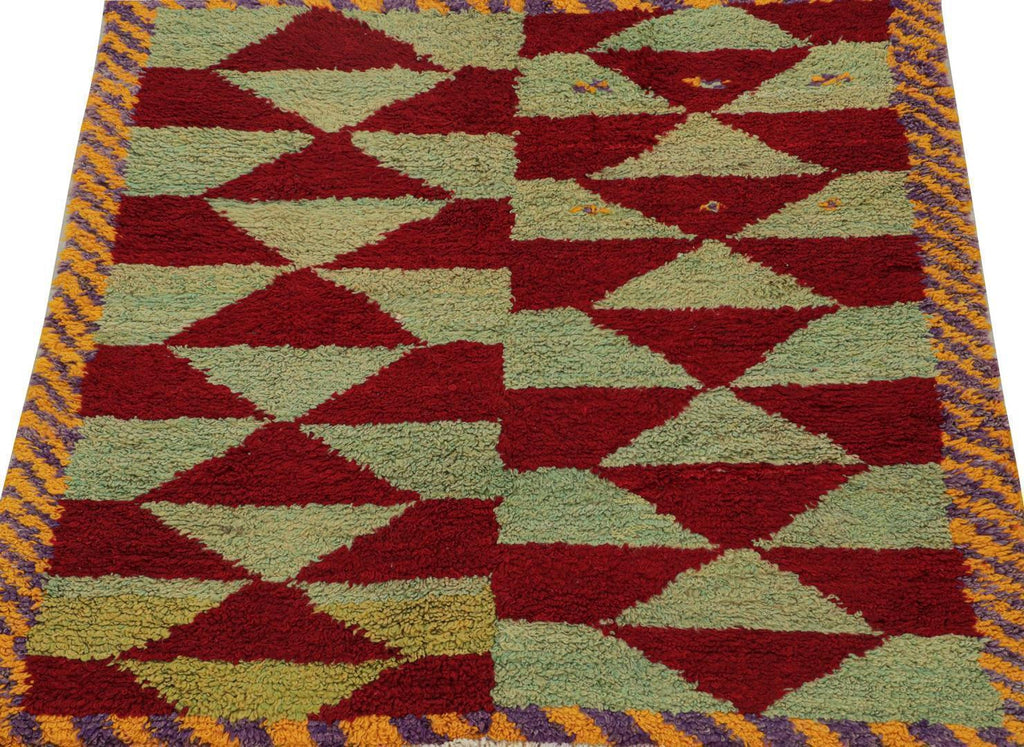 Vintage Tulu Shag Rug In Red And Light Green Geometric Pattern