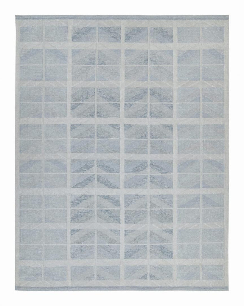 Scandinavian Rug with Blue and Silver Geometric Patterns