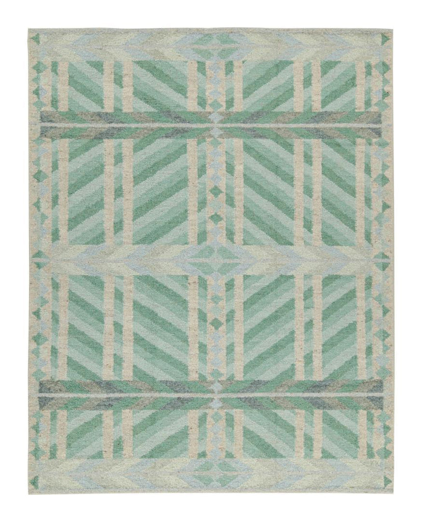 Scandinavian Rug with Green and Blue Geometric Patterns