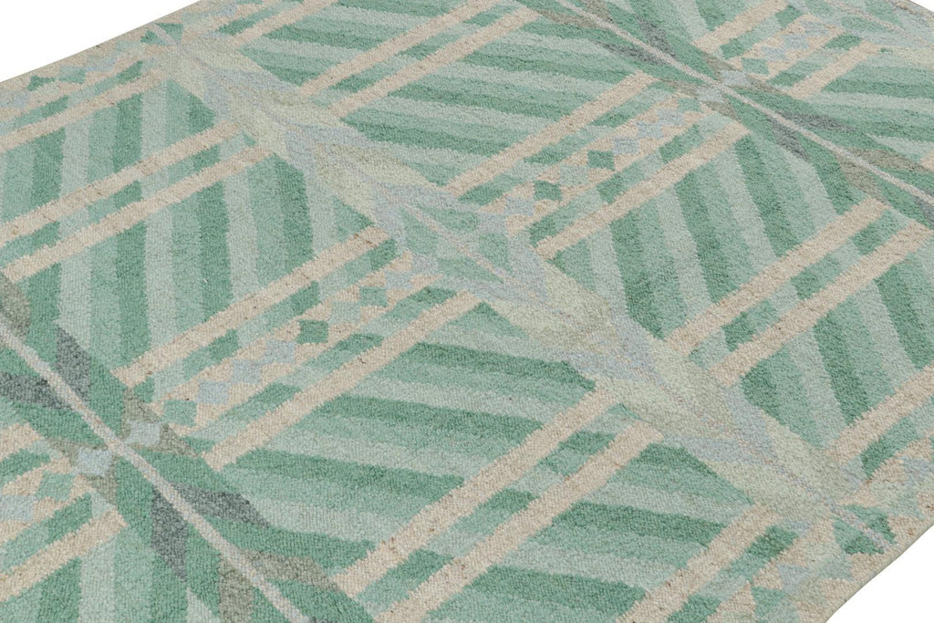 Scandinavian Rug with Green and Blue Geometric Patterns