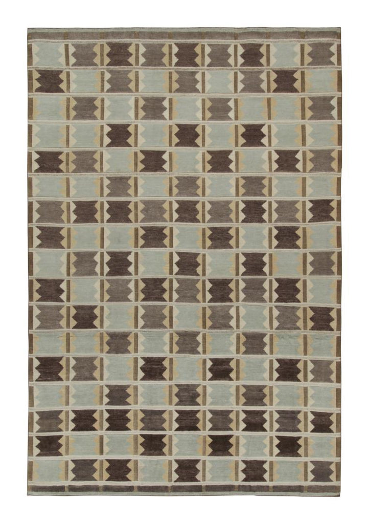 Scandinavian Rug in Taupe and Blue Geometric Patterns