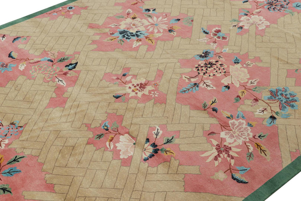 Chinese Art Deco Rug in Pink and Beige with Floral Pattern