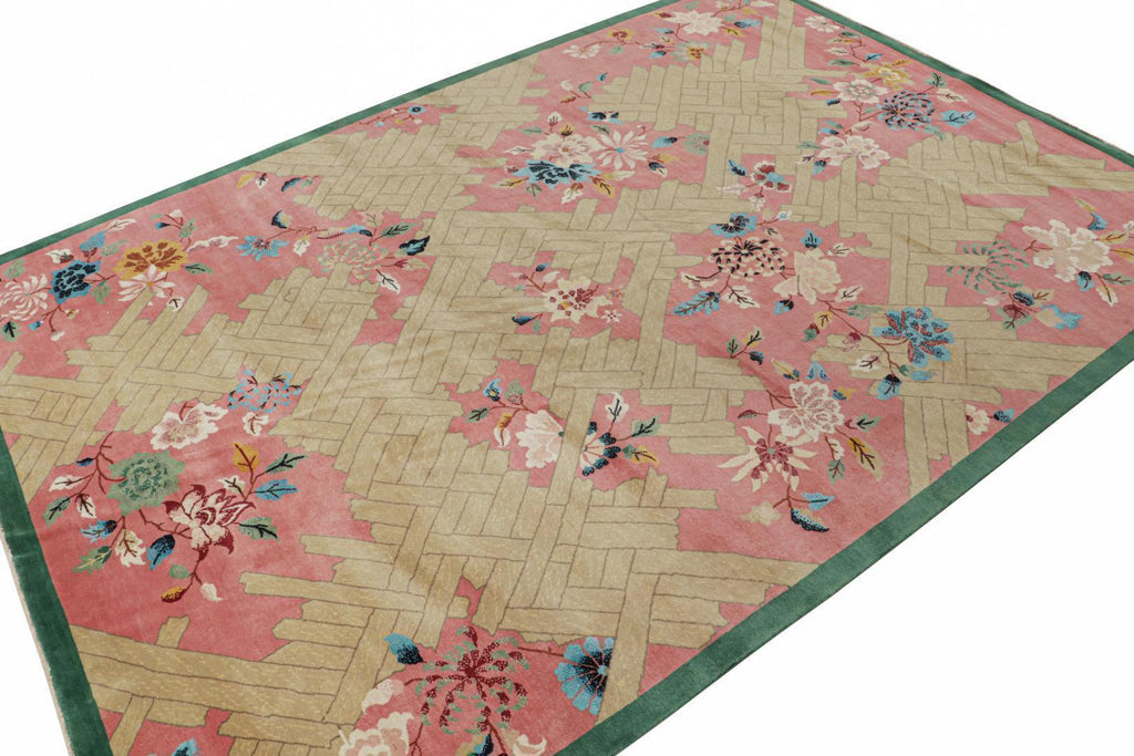 Chinese Art Deco Rug in Pink and Beige with Floral Pattern