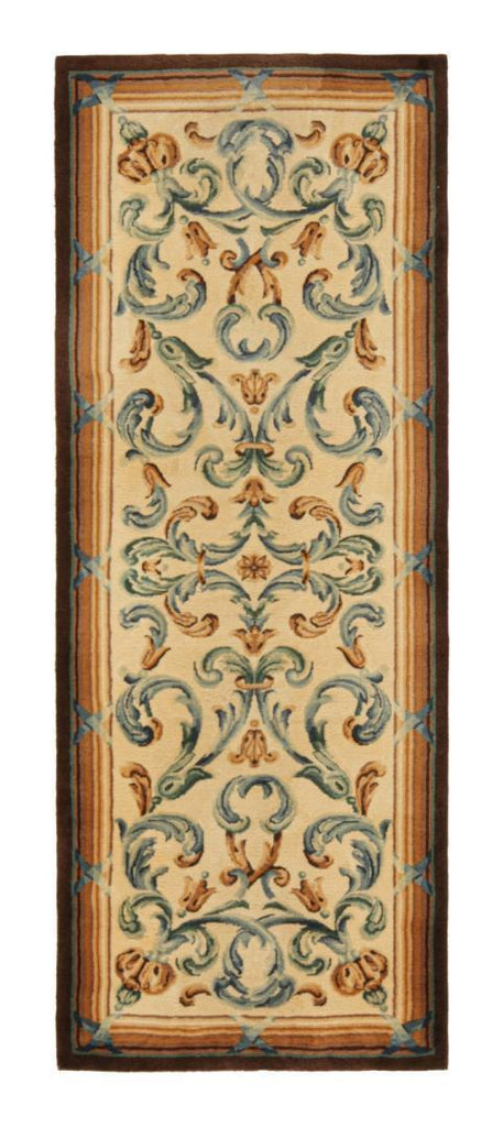 Vintage Savonnerie Runner In Beige With Blue Patterns