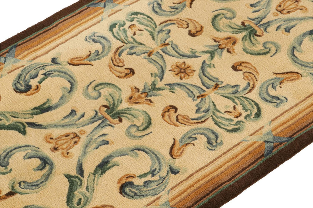 Vintage Savonnerie Runner In Beige With Blue Patterns