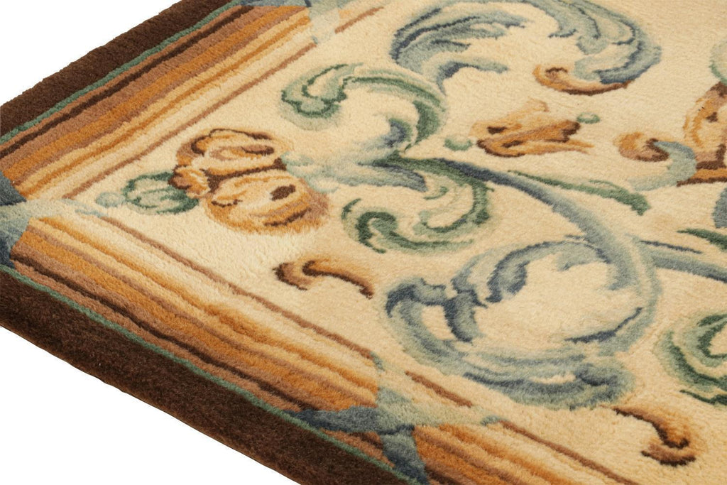 Vintage Savonnerie Runner In Beige With Blue Patterns