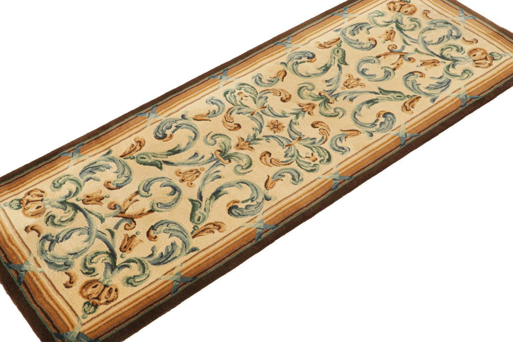 Vintage Savonnerie Runner In Beige With Blue Patterns