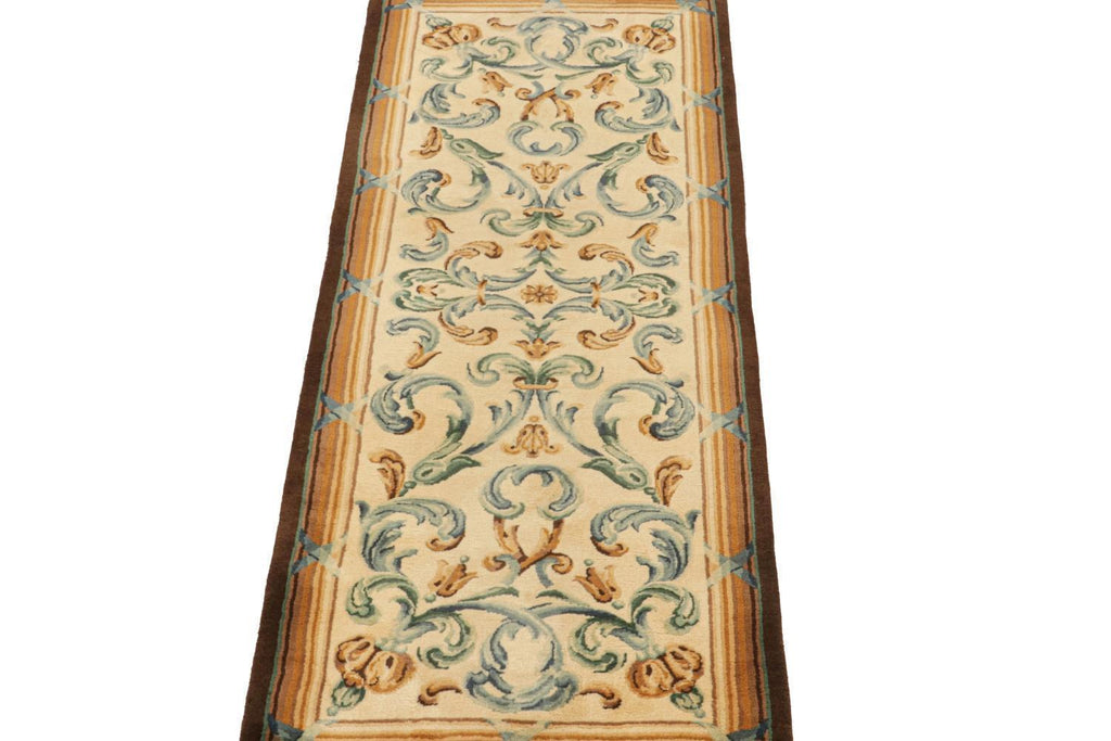 Vintage Savonnerie Runner In Beige With Blue Patterns