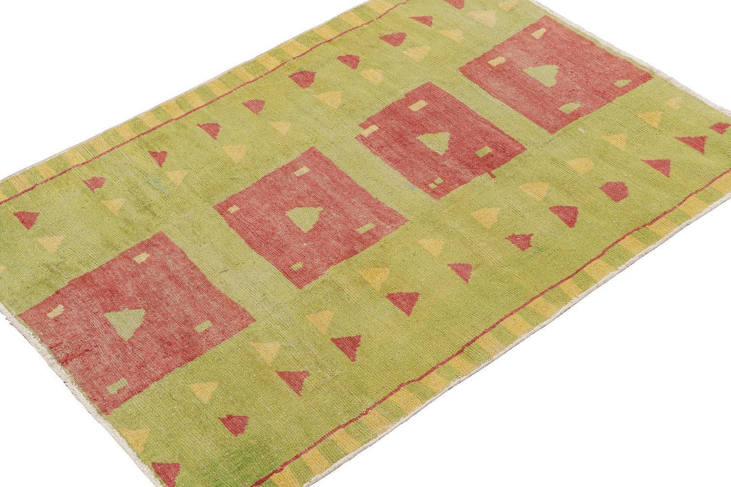 Vintage Zeki Muren Rug In Green Red And Gold Geometric Patterns