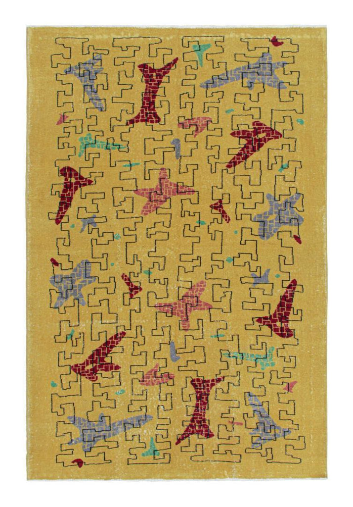 Vintage Zeki Muren Rug In Mustard With Geometric Patterns