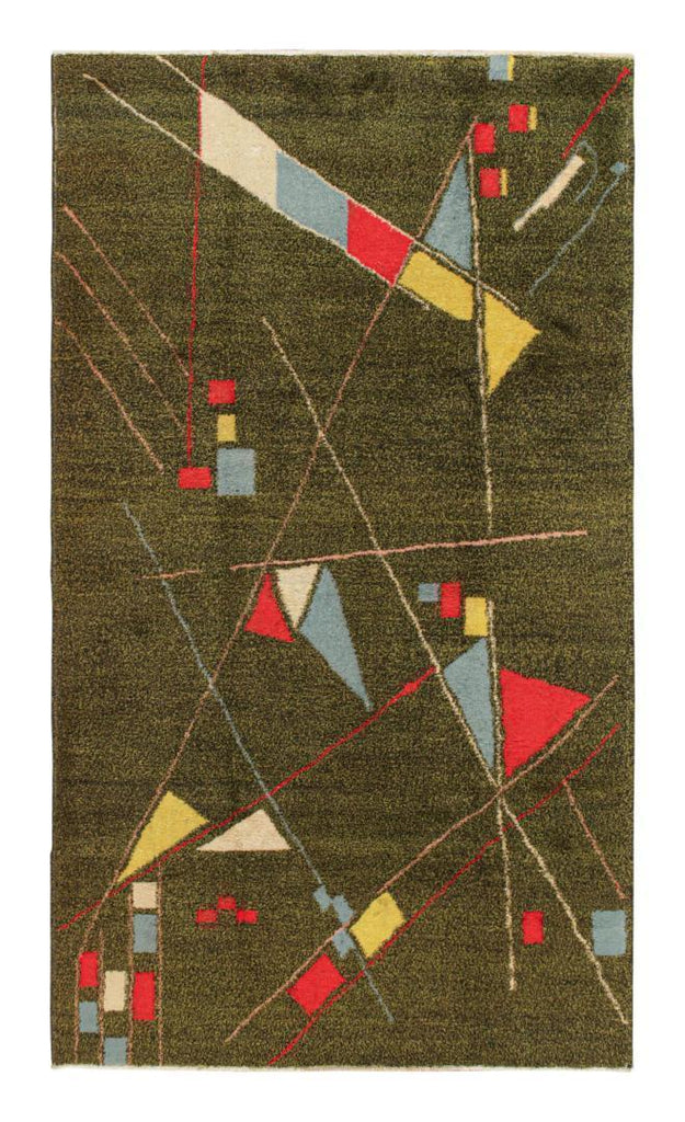 Vintage Zeki Muren Rug In Chartreuse With Geometric Patterns