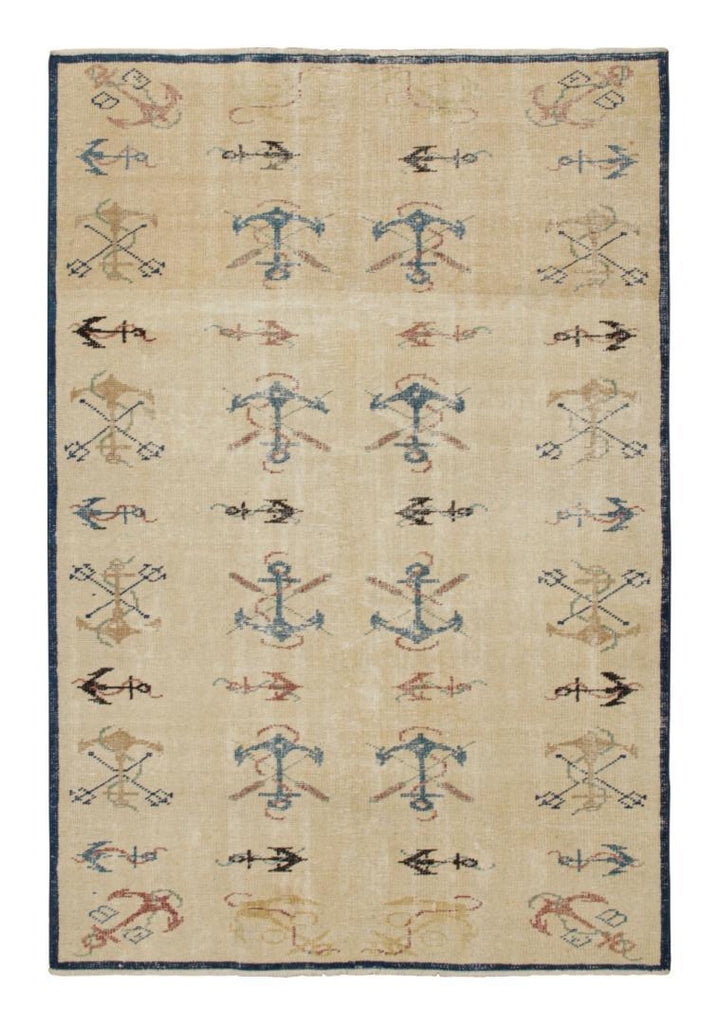 Vintage Zeki Muren Rug In Beige And Navy Blue Nautical Patterns