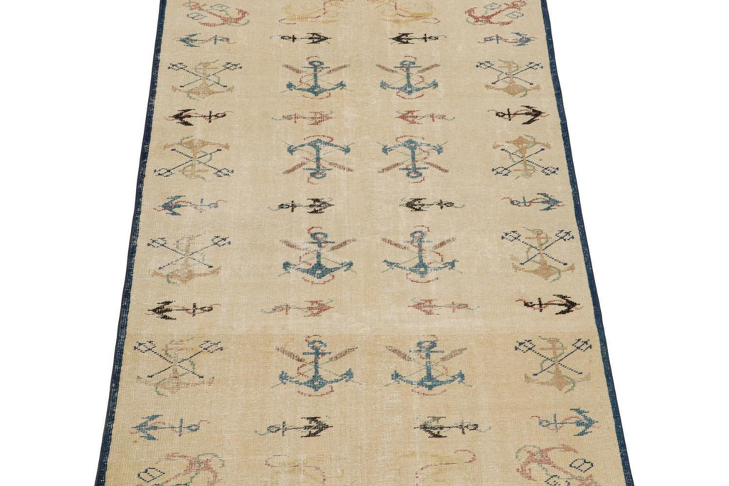 Vintage Zeki Muren Rug In Beige And Navy Blue Nautical Patterns