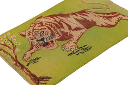 Vintage Zeki Muren Rug In Green With Beige Brown Tiger Pictorial